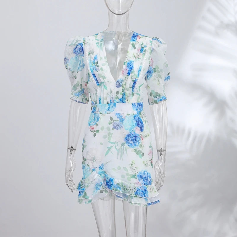Vestido Estampado Feminino de Cetim Floral Mini com Decote V Profundo, Mangas Bufantes e Cintura Peplum - Vestido de Festa Duas Peças para Mulheres