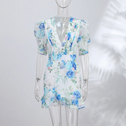 Vestido Estampado Feminino de Cetim Floral Mini com Decote V Profundo, Mangas Bufantes e Cintura Peplum - Vestido de Festa Duas Peças para Mulheres