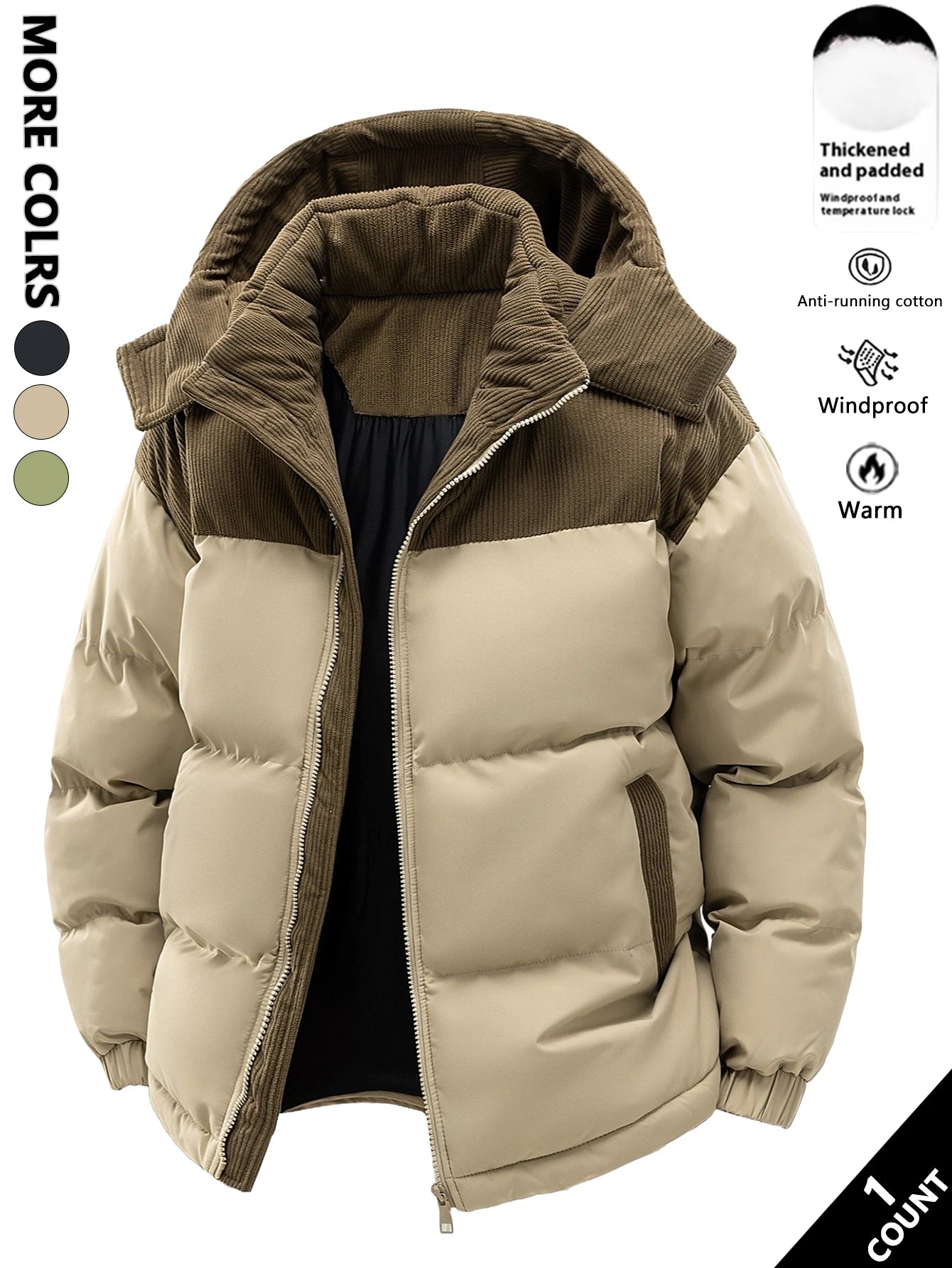 Jaqueta masculina de algodão com capuz, espessada e quente no inverno, à prova de vento e resistente ao frio, simples e versátil para roupas de trabalho