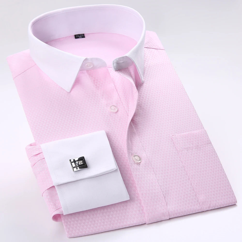 Camisa masculina com gola espalhada, punho francês, manga comprida, botões formais de negócios, camisas de casamento masculinas, ajuste regular, camisa com abotoaduras