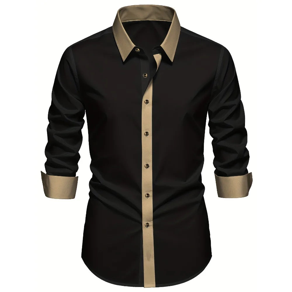 FGKKS Camisa Masculina Preta Brand New High Street Patchwork Manga Longa Inteligente Casual Elástico Homem Camisas de Vestido de Negócios
