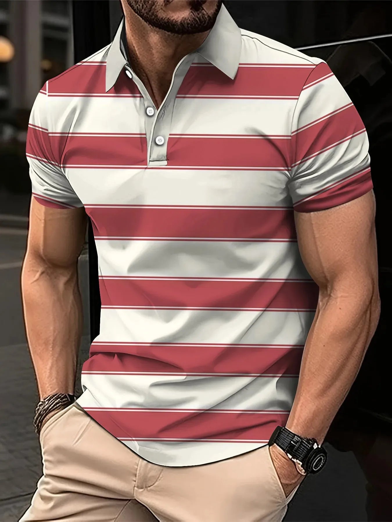 2026 Summer Men's Polo Shirt with Stripes Print Breathable Lightweight Casual Fashionable Outdoor Men's Clothing