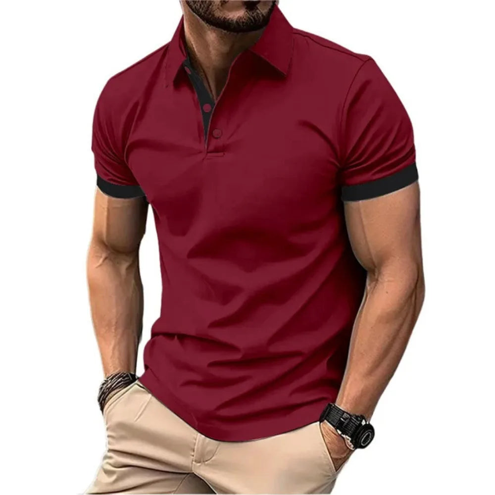Camisa polo masculina de manga curta, corte slim casual, com blocos de cores, estilo inglês streetwear. Moda masculina.