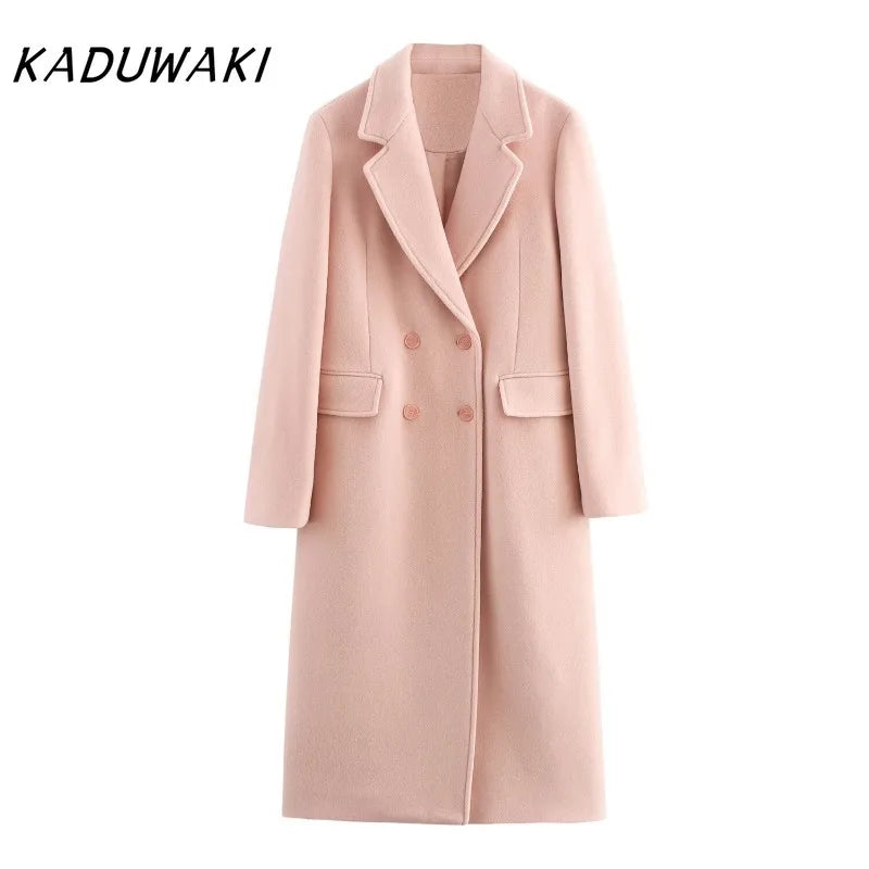 Casaco longo feminino KADUWAKI de lã, casual, elegante, com gola dobrável, mangas compridas, bolsos e abotoamento duplo, ideal para outono e inverno.
