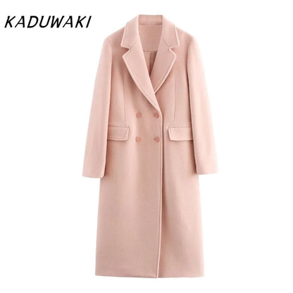 Casaco longo feminino KADUWAKI de lã, casual, elegante, com gola dobrável, mangas compridas, bolsos e abotoamento duplo, ideal para outono e inverno.
