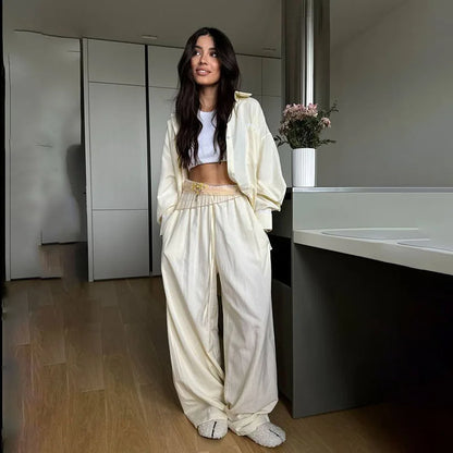 Casual Striped Lace Up Pants Set Women Shoulder Pad Long Sleeve Shirt Straight Trousers 2025 Autumn Chic Lady 2 Piece Suit New