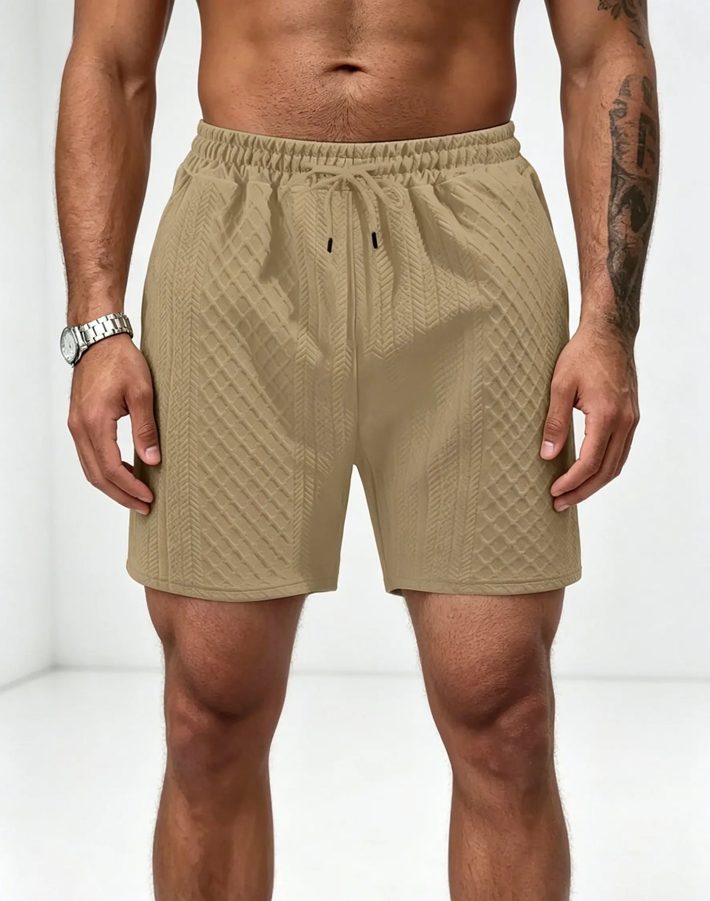 Shorts Casuais Masculinos de Malha Texturizada, Shorts de Verão com Cintura Elástica e Cordão com Bolsos para Uso Diário e Urbano