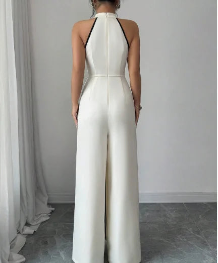 Macacão Feminino 2026 Primavera Verão Nova Moda Cor Sólida Gola Alta Sem Mangas Cintura Alta Casual Perna Larga