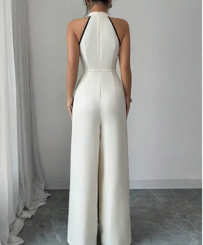 Macacão Feminino 2026 Primavera Verão Nova Moda Cor Sólida Gola Alta Sem Mangas Cintura Alta Casual Perna Larga