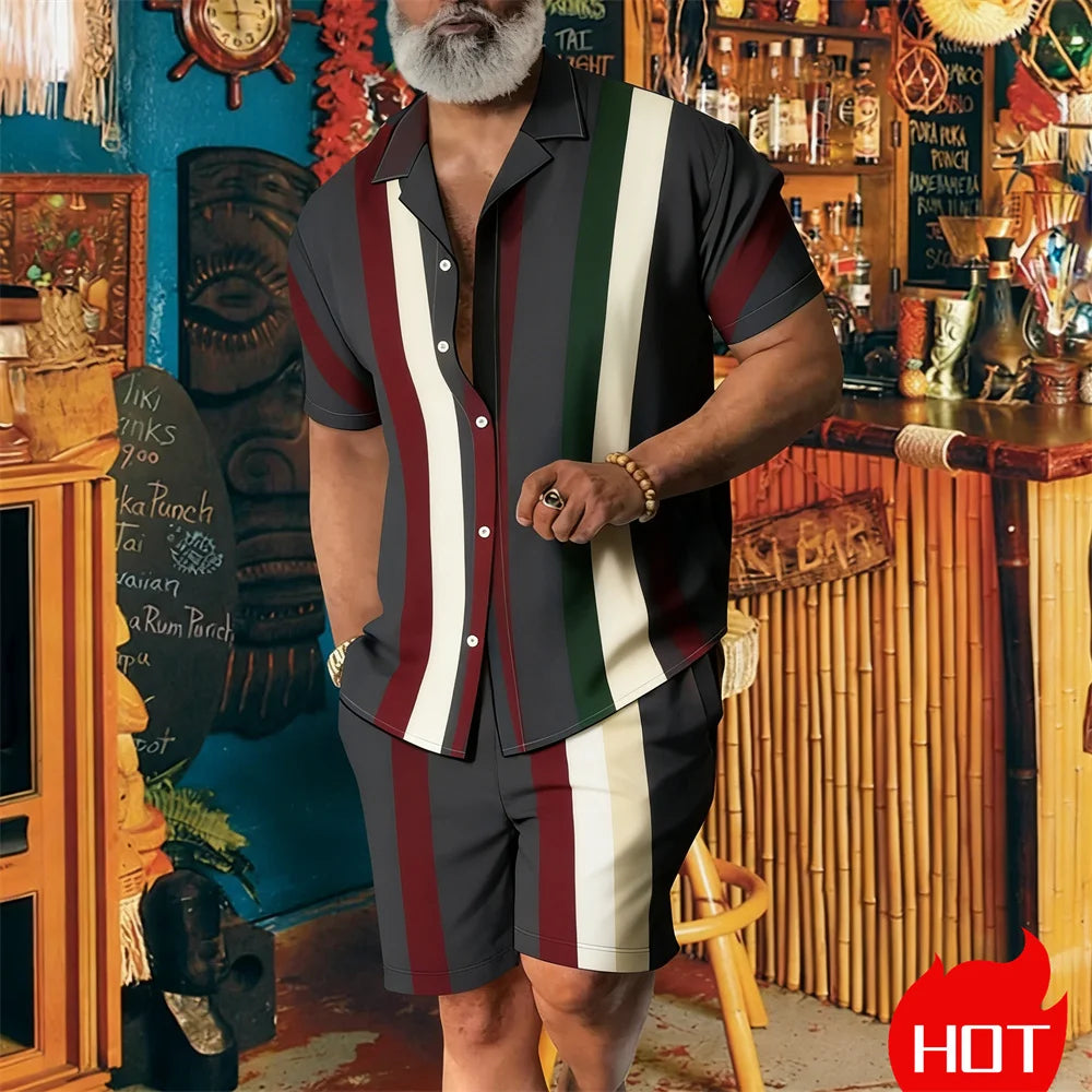 Conjunto masculino de verão com listras e padrão fashion, conjunto de duas peças, estilo casual havaiano, conjunto masculino de duas peças respirável.