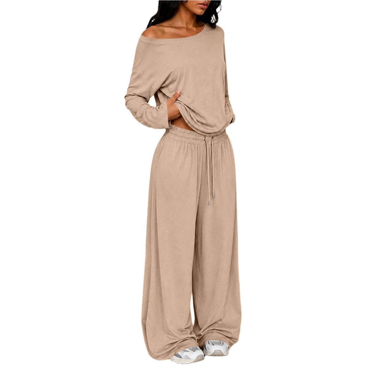 Conjunto Feminino de 2 Peças: Blusa Ombro a Ombro de Manga Longa Solta e Calça Pantalona com Cordão e Bolsos – Macio e Casual