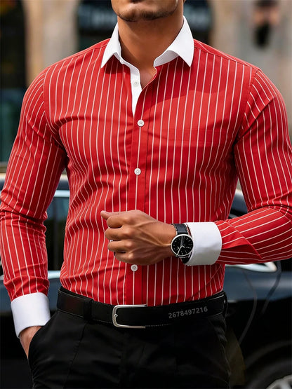Camisa masculina de manga comprida listrada casual de negócios, design elegante com lapela e emenda de cores contrastantes, top casual masculino.