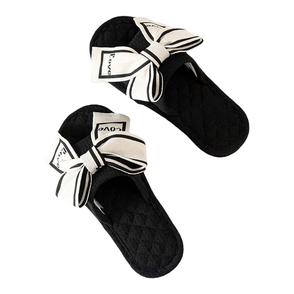 Chinelo de chão com laço Love Bow, plataforma plana e silenciosa, em tecido macio, para uso interno, ideal para mulheres.
