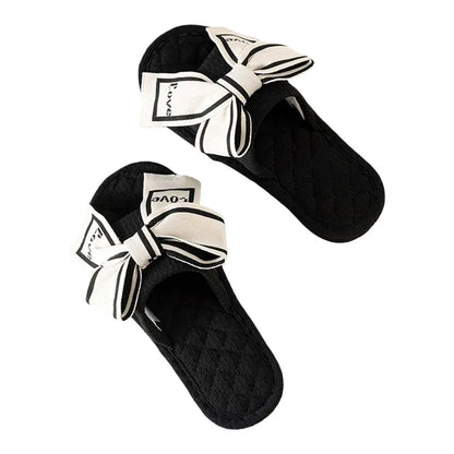 Chinelo de chão com laço Love Bow, plataforma plana e silenciosa, em tecido macio, para uso interno, ideal para mulheres.