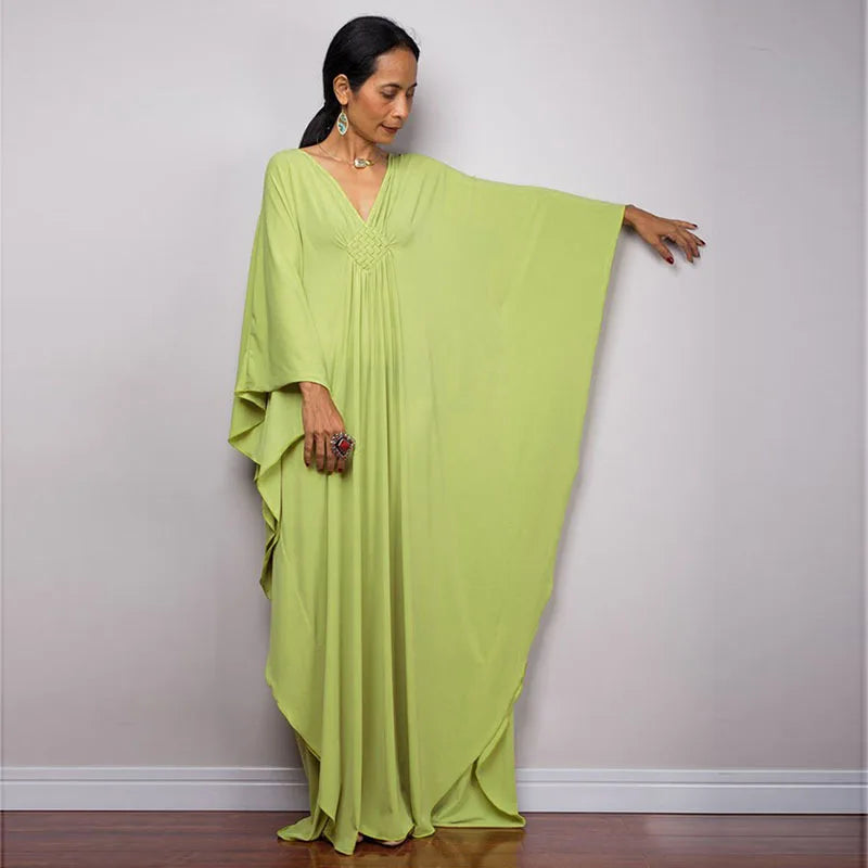 Vestidos caftan plus size para mulheres, cor sólida, plus size, vestido de praia, decote em v, solto, macio, caftan, loungewear