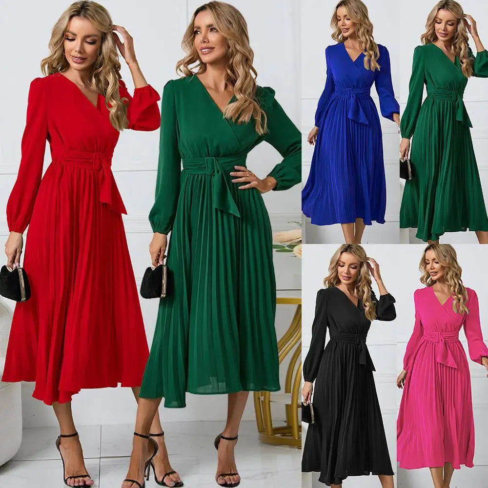Vestido Midi Evasê Feminino Elegante com Cinto, Manga Longa, Decote V e Cintura Alta Plissada - Moda Transfronteiriça