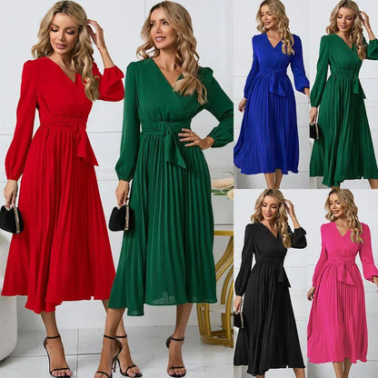 Vestido Midi Evasê Feminino Elegante com Cinto, Manga Longa, Decote V e Cintura Alta Plissada - Moda Transfronteiriça