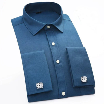 Qualidade frança abotoaduras homens vestido camisas botão turndown colarinho respirável fino ajuste festa de casamento smoking camisas hombre