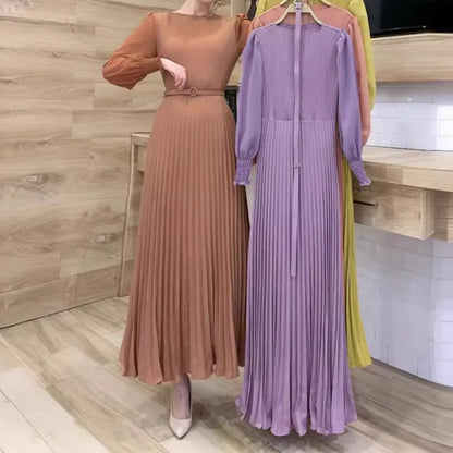 Vestido longo plissado feminino, modelo evasê, gola redonda, manga comprida, para festa, maxi, cintura alta, cinto, justo, sexy, elegante, com recortes.