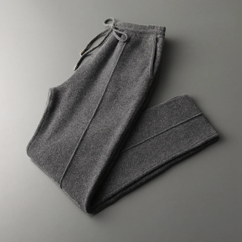 Outono e inverno novo grosso lazer calças de caxemira calças de malha fina masculina 100% calças de lã pura para manter aquecido