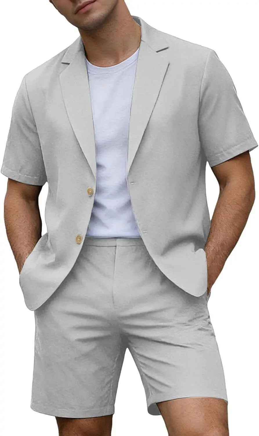 Conjuntos para Homens Blazer de Manga Curta e Calças Curtas Leves para Casamento, Festa, Negócios e Trajes Formais