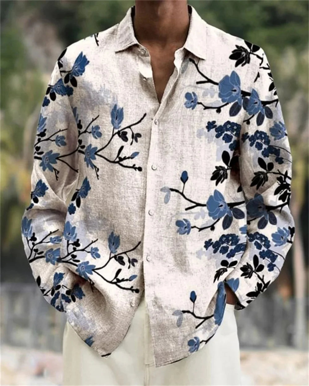 Camisa masculina de manga comprida Camisa impressa em 3D de alta qualidade, padrão floral, primavera e outono, tecido casual e elegante e confortável