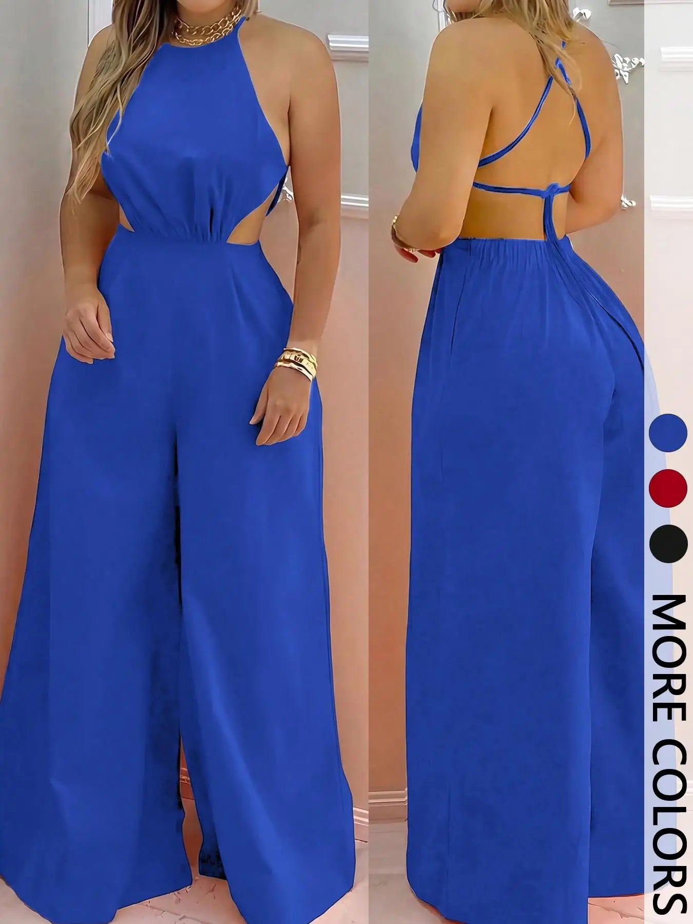 Macacão feminino de uma peça com decote halter, costas nuas, recortes e pernas largas, elegante para madrinhas ou ocasiões especiais.