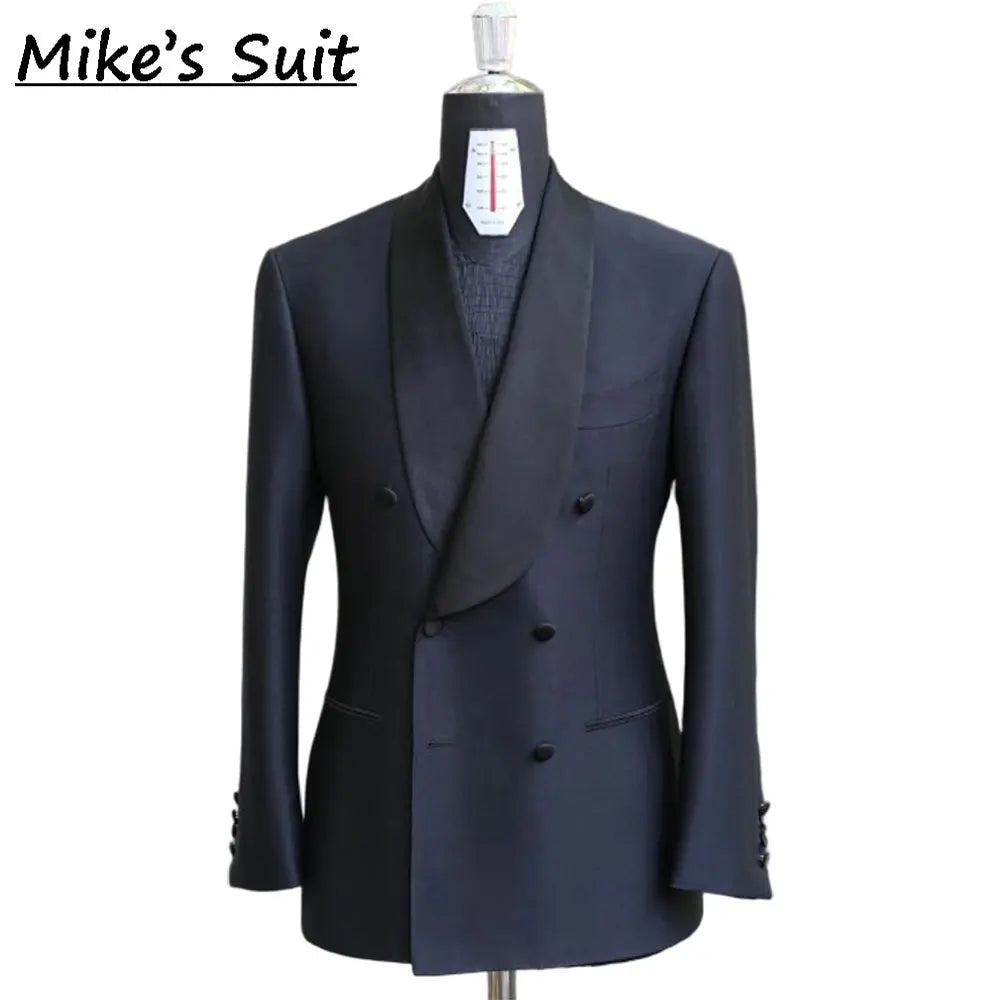 Terno Masculino Azul Marinho Escuro Transpassado 2 Peças (Jaqueta e Calça) para Festa, Smoking, Banquete, Moda, Noivo, Casamento