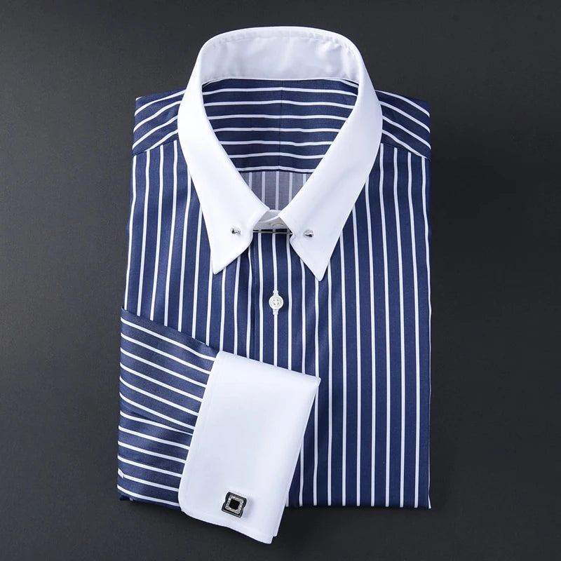 Camisa francesa justa-fit listrada masculina, gola império, manga longa, tendência de negócios