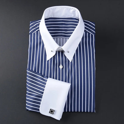 Camisa francesa justa-fit listrada masculina, gola império, manga longa, tendência de negócios