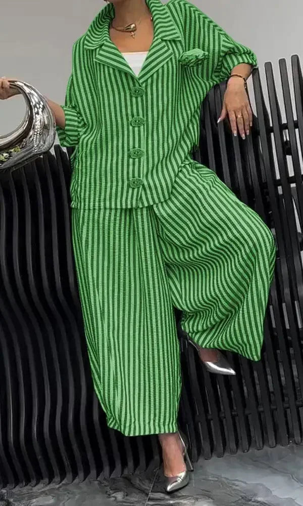 2025 Spring Fall Women's 2 Piece Set Suit Office Lady Floral Striped Loose Blazer Casual Wide Leg Pants Suits For Women Clothing