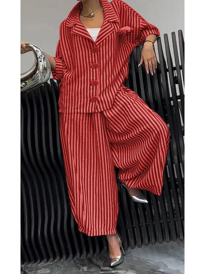 Women Fashion Lapel Wide Leg Pants Loose Sets 2024 Spring Autumn New Stripe Print 2PCS Casual Suits Office Simple Outfites
