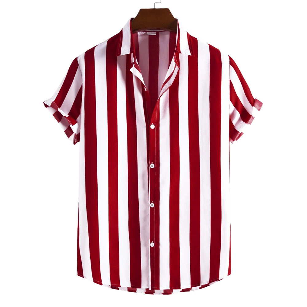 Camiseta listrada de manga curta com botão havaiano masculina, blusa xadrez, roupa de praia vermelha, camisa preta e branca, roupas masculinas, verão
