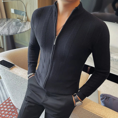 Camisola masculina outono inverno novo fino ajuste gola com zíper cardigan de malha moda cor sólida quente estiramento malha topos casacos