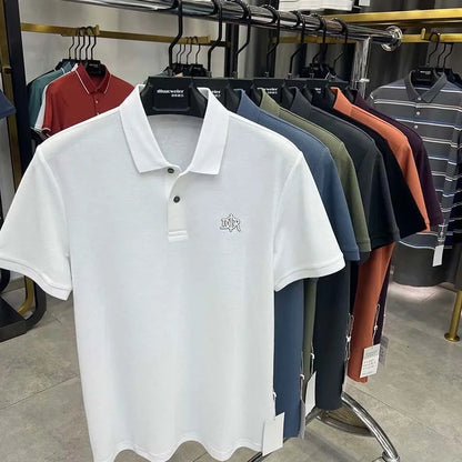 Camisa polo de manga curta para homens, 100% algodão, high-end, respirável, marca de luxo, bordado, moda, verão, 2024