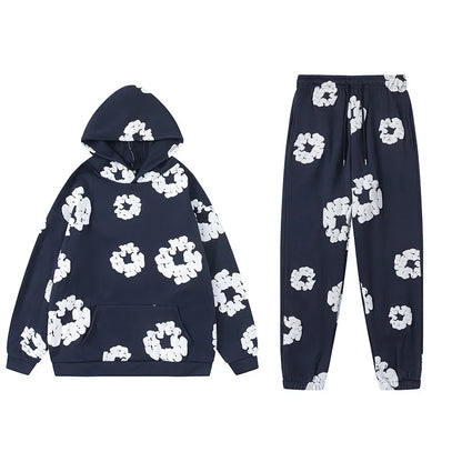 Conjunto Feminino de 2 Peças 2026: Moletom Casual Estampado de Espuma Solto + Calça - Roupa Feminina de Outono Inverno