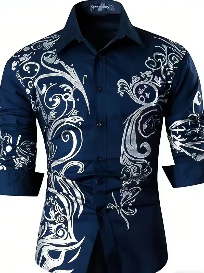 Nova camisa masculina estilosa com estampa 3D de chamas, design casual com botões e manga comprida.