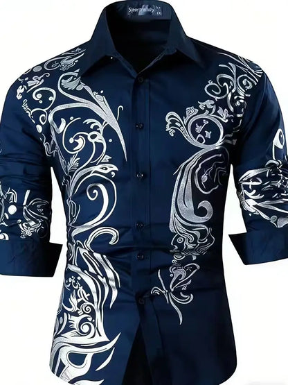 Nova camisa masculina estilosa com estampa 3D de chamas, design casual com botões e manga comprida.
