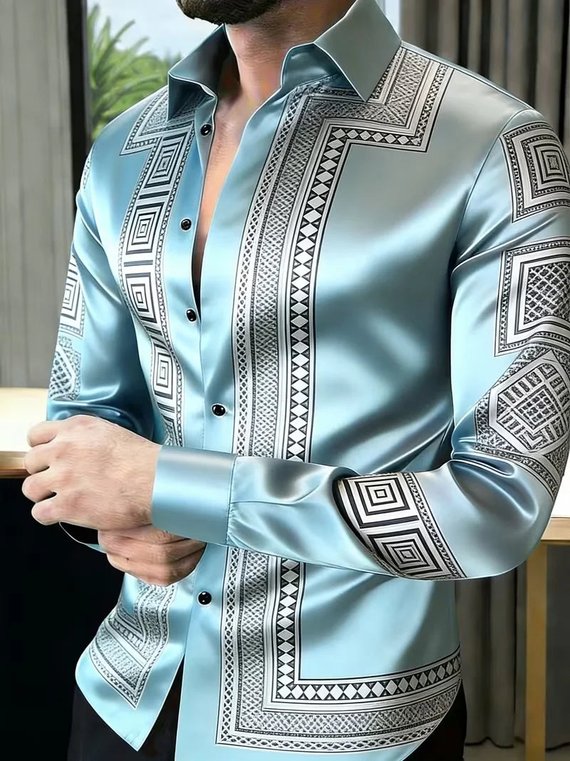 Nova Camisa Masculina de Manga Longa com Estampa Geométrica de Arquitetura do Deserto em Preto e Dourado, Top de Cetim Brilhante