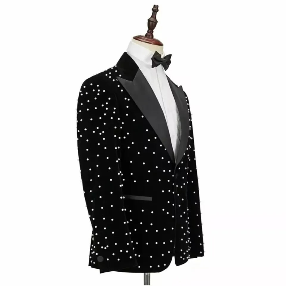 Terno de casamento masculino de luxo personalizado, lapela repicada, pérolas, smoking para noivo, veludo preto, para festa de baile, baile,иджак