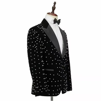 Terno de casamento masculino de luxo personalizado, lapela repicada, pérolas, smoking para noivo, veludo preto, para festa de baile, baile,иджак
