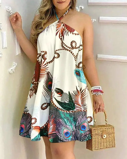 Vestido Boho com Estampa Floral e Decote Halter, Costas Nuas e Alças no Pescoço, Ideal para Primavera/Verão - Roupas Femininas