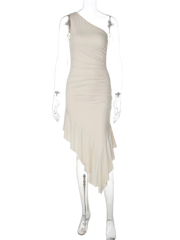 Vestido Midi Elegante Tossy de Um Ombro Só com Drapeado e Babado Assimétrico para Mulheres - Perfeito para Verão, Praia, Férias, Festas e Baladas