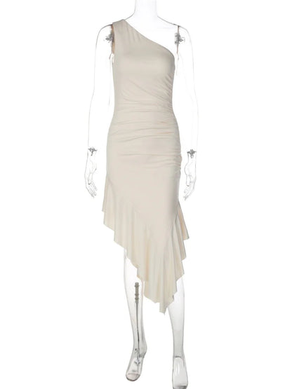 Vestido Midi Elegante Tossy de Um Ombro Só com Drapeado e Babado Assimétrico para Mulheres - Perfeito para Verão, Praia, Férias, Festas e Baladas