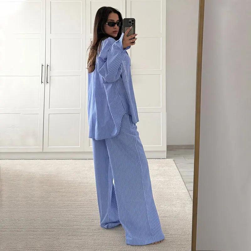 DSMTRC Women Casual Blue Stripe Loose Suits Buttons Shirt + Drawstring Pant 2025 New Summer Fashion Holidays Simple Stylish Sets