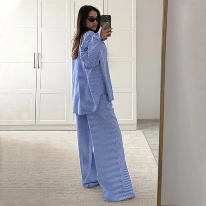 DSMTRC Women Casual Blue Stripe Loose Suits Buttons Shirt + Drawstring Pant 2025 New Summer Fashion Holidays Simple Stylish Sets