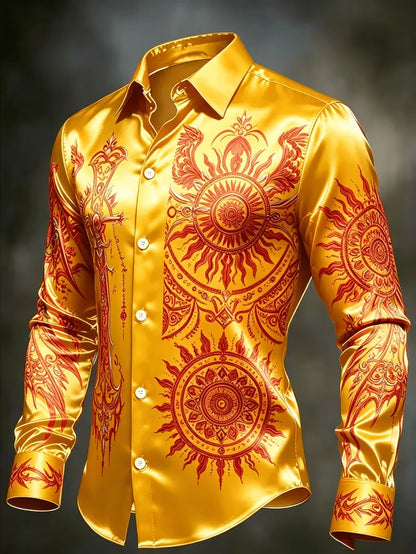 Nova Camisa Masculina de Manga Longa com Estampa Geométrica de Arquitetura do Deserto em Preto e Dourado, Top de Cetim Brilhante