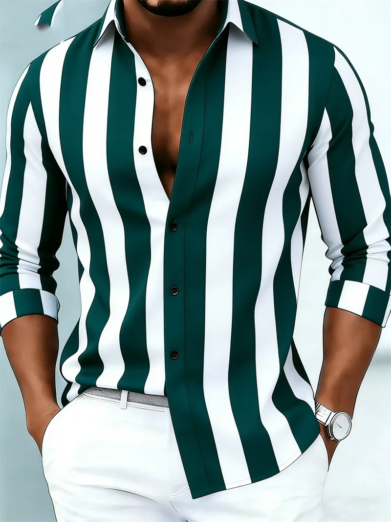 Nova camisa masculina de manga comprida, casual, com estampa 3D listrada, de alta qualidade, com fechamento de botão único.