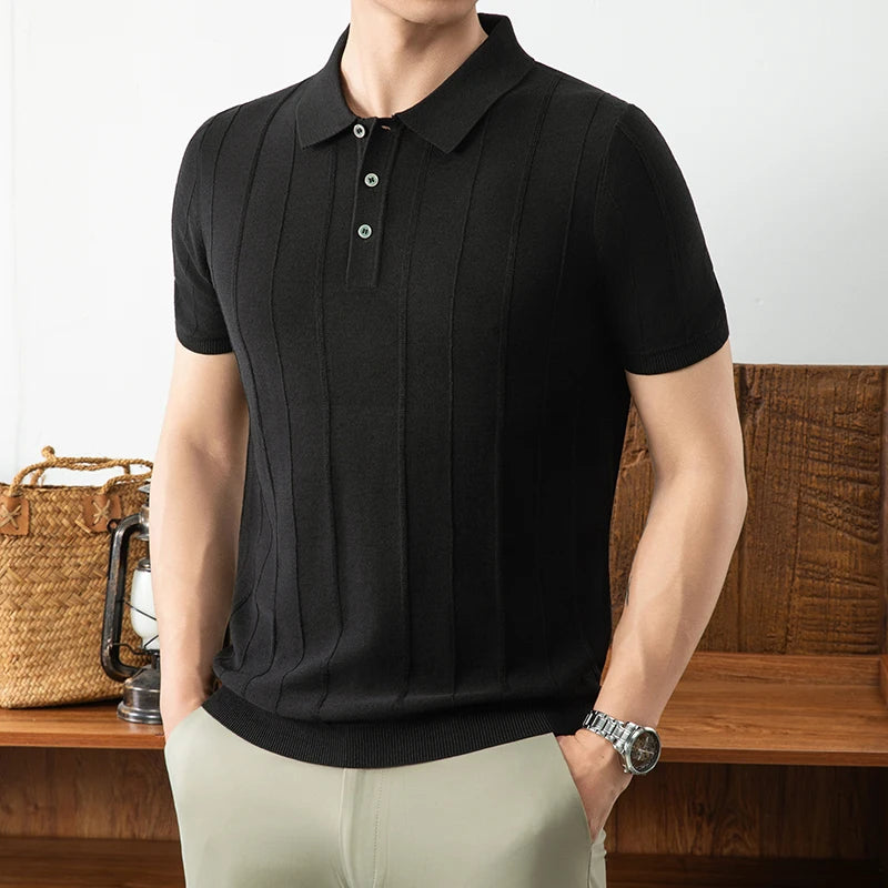Camisa polo masculina de malha, cor sólida, manga curta, nova, de alta qualidade, luxo, leve, confortável, casual, para o verão.