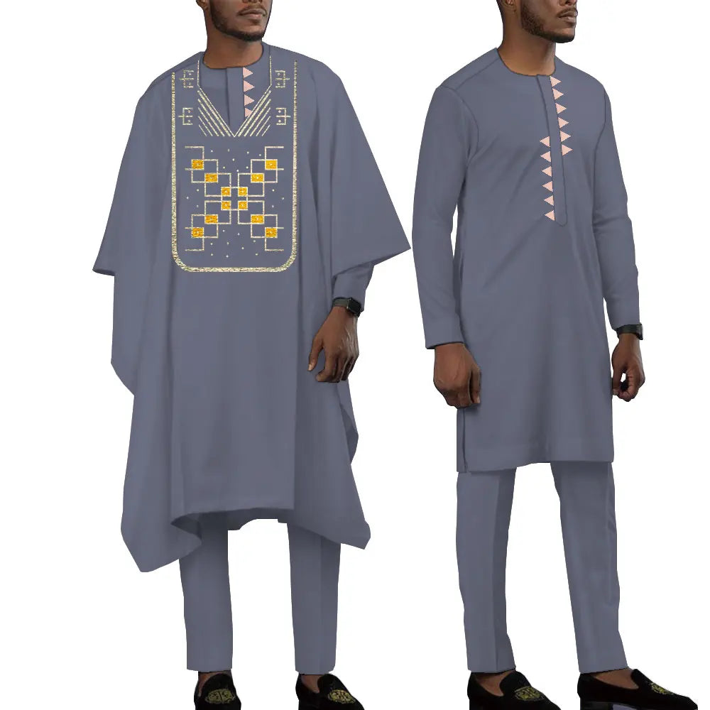 Terno bordado de manga comprida africano masculino, calças e blusões casuais empresariais Dashiki, conjunto de 3 peças, WYN1643